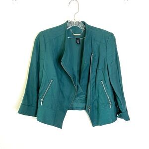 White House Black Market linen Teal Blazer cropped Zipper Accents Sz 8